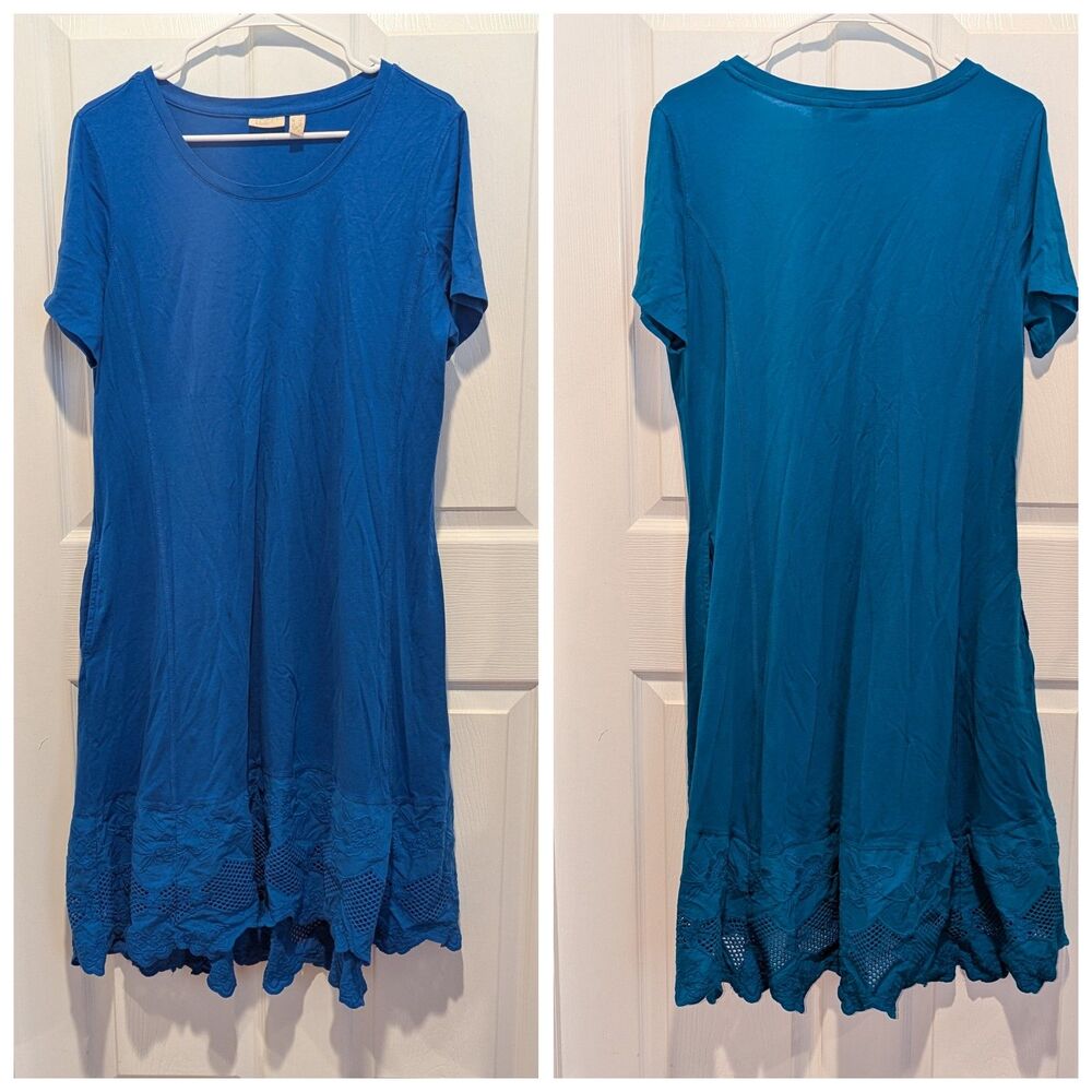 Logo Cottagecore Normcore Blue with Knit Floral Lattice Trim Shirt Dress - Large